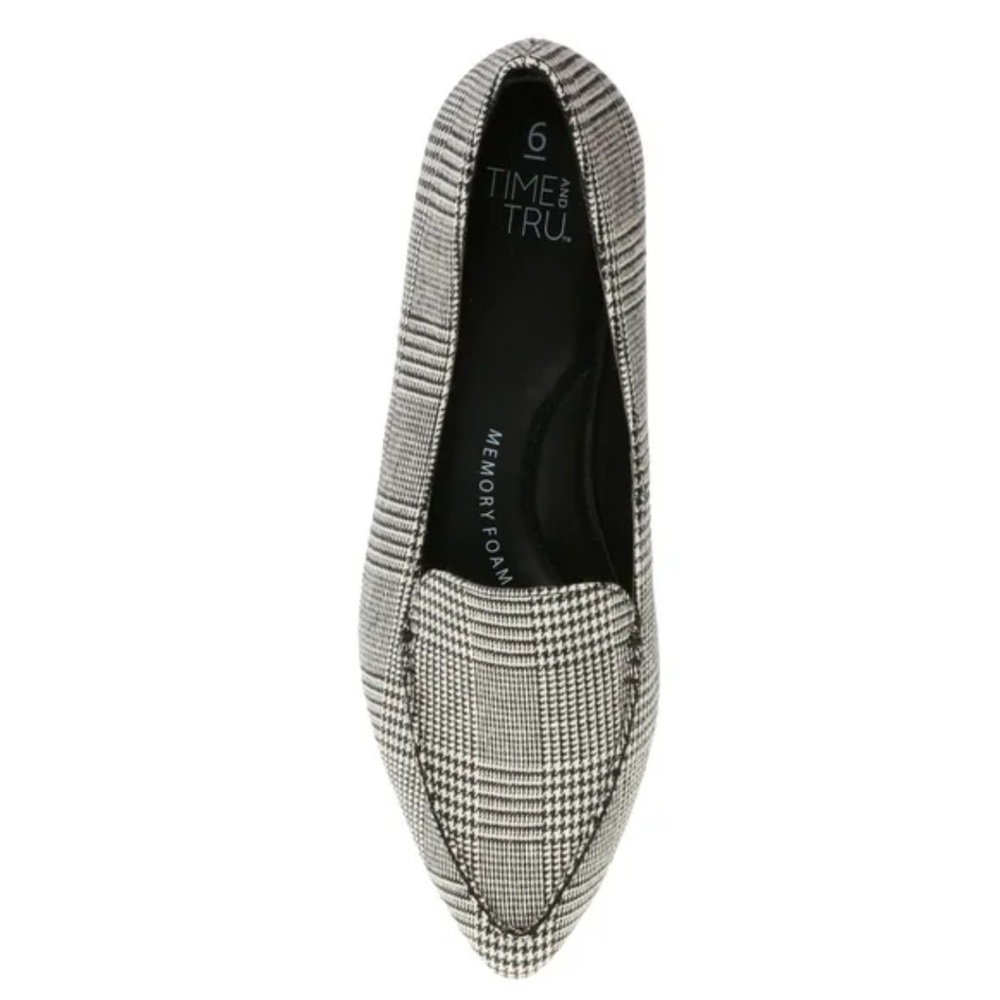 Time and Tru Black & White Feather Plaid Pointed Flats Loafers Size 6